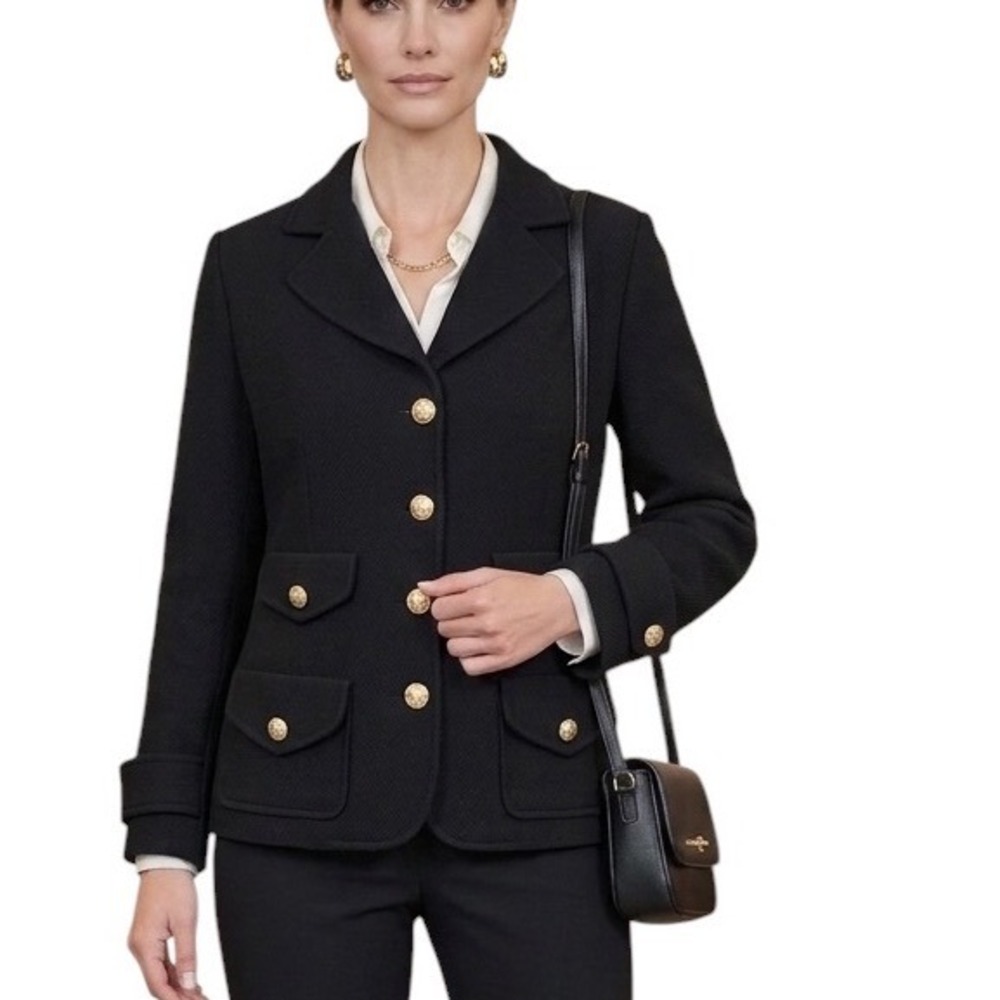 Joan Rivers Black Textured Knit Blazer Gold Button Military Jacket Womens Medium